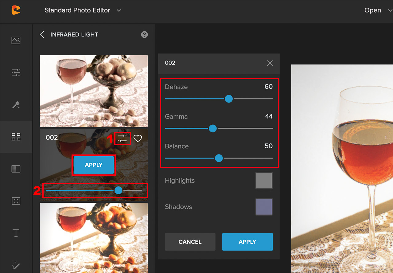 adjusting filter strength in color cinch