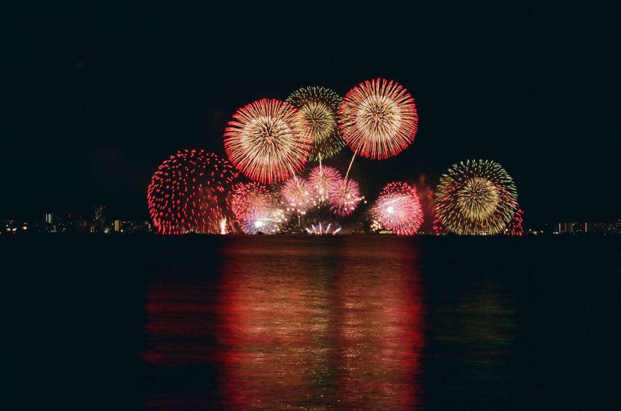 fireworks over a shoreline