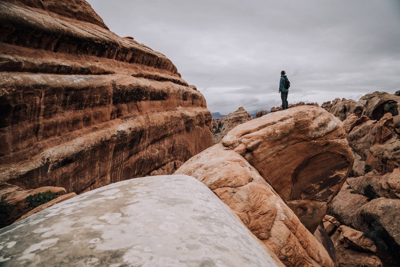 a person in a rocky landscape