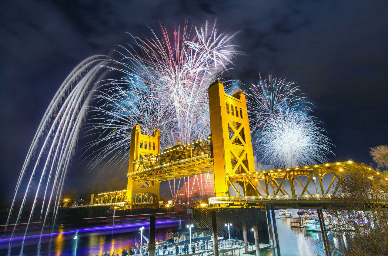 fireworks on a bridge