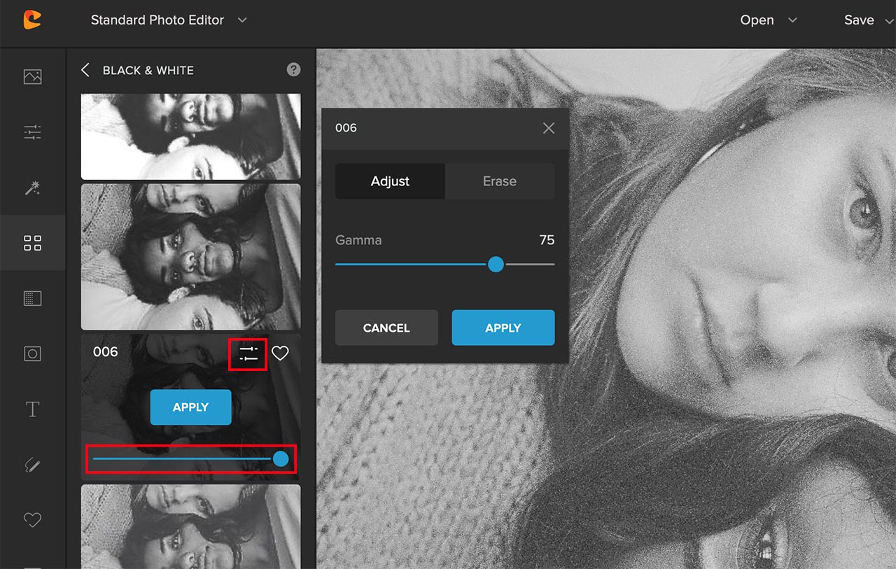 clack and white filter settings in colorcinch