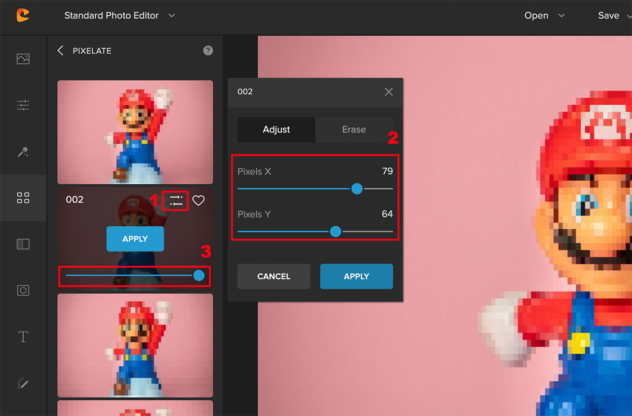 pixel filter settings 